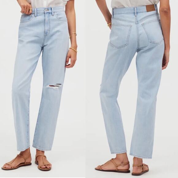 Madewell 90s Straight Crop Ripped Knee Jeans Fitzgerald Light Blue Denim Wash 25 - Picture 1 of 11